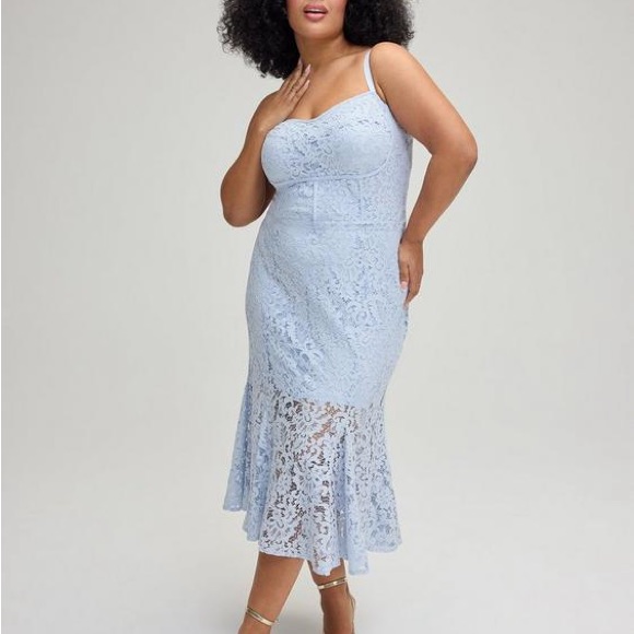 Light Blue Lace Maxi Dress With Flared Hem